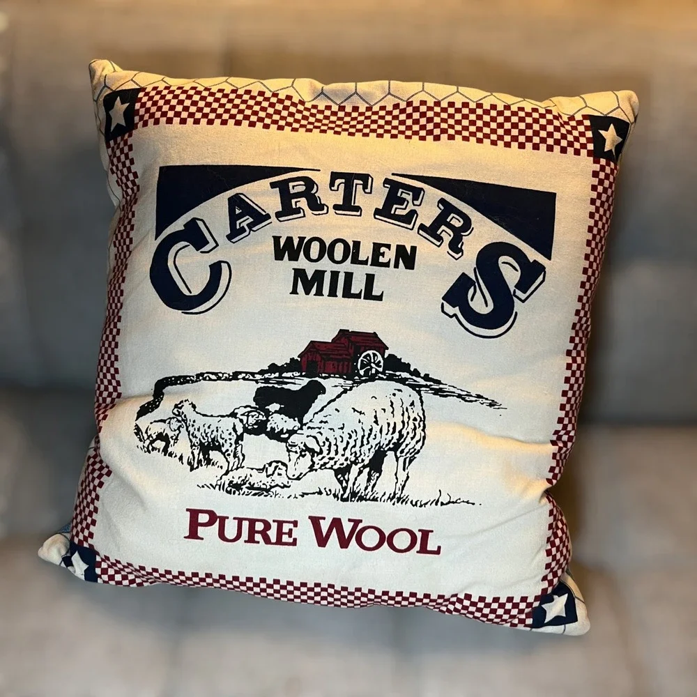 VTG Carter's Woolen Mill Throw Pillow Wool Jeans Cream Blue Red SHEEP FARM DENIM